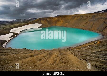 Krafla è una caldera vulcanica di circa 10 km di diametro con una zona di fessura lunga 90 km, nel nord dell'Islanda nella regione di Mývatn Foto Stock