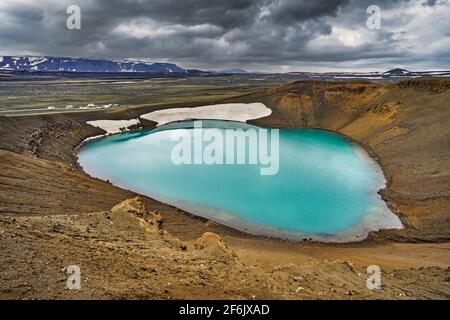 Krafla è una caldera vulcanica di circa 10 km di diametro con una zona di fessura lunga 90 km, nel nord dell'Islanda nella regione di Mývatn Foto Stock