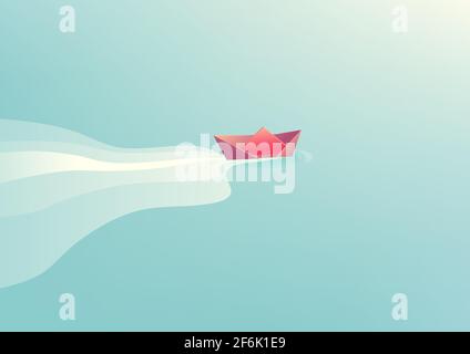 Origami della barca di carta sull'onda dell'acqua. Stile minimalista. Illustrazione Vettoriale