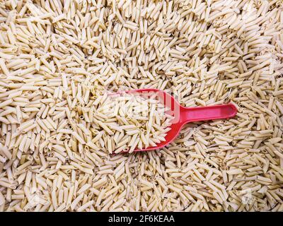 Pasta secca cruda di penne italiane con scoop, integrale di grano crudo ingrediente Foto Stock