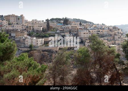 Vista del quartiere arabo sulla collina del Monte degli Ulivi a Gerusalemme, Israele. Foto Stock