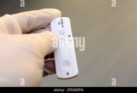 Mano in guanti medici sta tenendo negativo antigene test rapido per la cattura di anticorpi COVID-19. Mostra un risultato negativo. Foto Stock