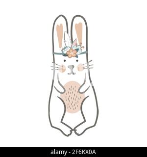 Carino ragazza bunny cartoon in corona floreale. Stampa infantile in stile scandinavo per vivaio, abbigliamento per bambini, poster, cartolina. Illustrazione vettoriale Illustrazione Vettoriale