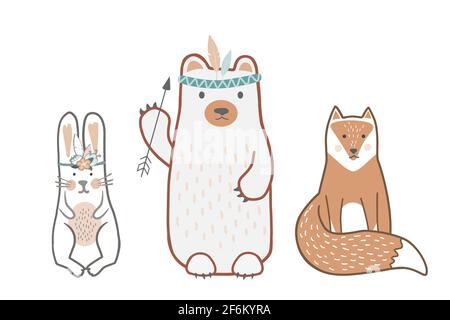 Set di simpatici animali da bambino in stile scandinavo. Amici bambini selvatici - orso, coniglietto, e volpe. Elementi di disegno nursery disegnati a mano cute. Vettore Illustrazione Vettoriale