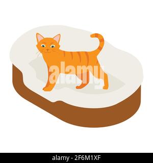 Gatto zenzero nel suo morbido e accogliente cuscino letto isolato su sfondo bianco. Vista isometrica. Vettore Illustrazione Vettoriale