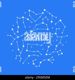 Poster dello spazio con simboli della costellazione zodiacale. Banner rotondo con stelle lucenti collegate su sfondo blu. Illustrazione vettoriale. Illustrazione Vettoriale