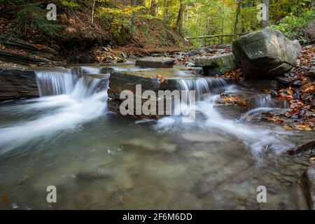 Torrente di montagna e piccola cascata sul sentiero turistico per Duszatyn Lakes. Bieszczady, Carpazi Orientali, Polonia, Europa Foto Stock