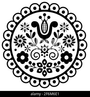 Polish carino arte popolare vettore rotondo incorniciato design con fiori e foglie - biglietto d'auguri in bianco e nero o matrimonio invito ornamento Illustrazione Vettoriale