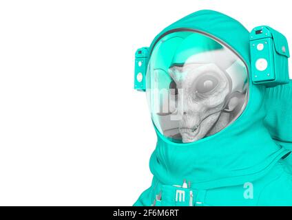 vista laterale astronauta alieno da vicino con spazio di copia, illustrazione 3d Foto Stock