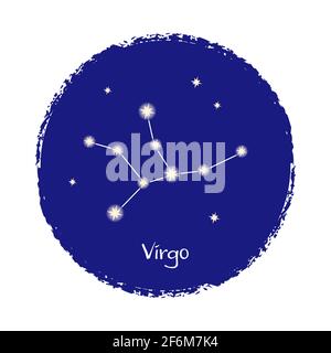 Segno della costellazione zodiacale di Virgo su sfondo scuro. Stelle splendenti nel cielo notturno. Illustrazione vettoriale. Illustrazione Vettoriale