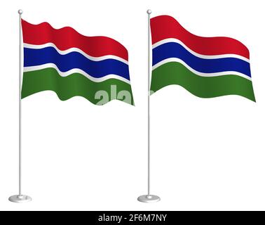 Bandiera della Gambia su flagpole che ondula nel vento. Elemento di design per le vacanze. Punto di verifica per i simboli della mappa. Vettore isolato su sfondo bianco Illustrazione Vettoriale