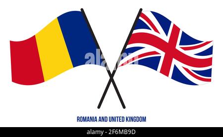 Romania e Regno Unito Bandiere incrociate e ondulate stile piatto. Proporzione ufficiale. Colori corretti. Illustrazione Vettoriale