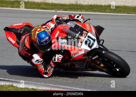 Circuit de Barcelona Catalunya, Barcellona, Spagna. 1 aprile 2021. Test del Campionato del mondo FIM Superbike; Michael Ruben Rinaldi del Team Aruba.it in azione con il WorldSBK Ducati Panigale V4 R Credit: Action Plus Sports/Alamy Live News Foto Stock