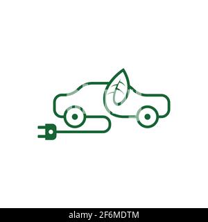 Icona del simbolo della stazione di ricarica del veicolo elettrico. Icona Vector car in stile linea sottile. Logo del veicolo ibrido. Logotipo verde. Auto ecocompatibile Illustrazione Vettoriale