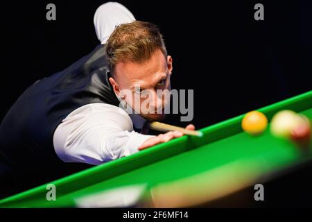 MILTON KEYNES, REGNO UNITO. 01 aprile 2021. Judd Trump durante le partite del Championship League Snooker- Winners Group 2021 alla Marshall Arena giovedì 01 aprile 2021 a MILTON KEYNES INGHILTERRA. Credit: Taka G Wu/Alamy Live News Foto Stock