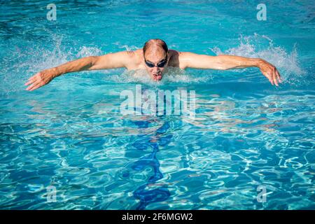 L'uomo più anziano si nuota con il Butterfly Stroke in una lap pool, Napoli, Florida, USA Foto Stock