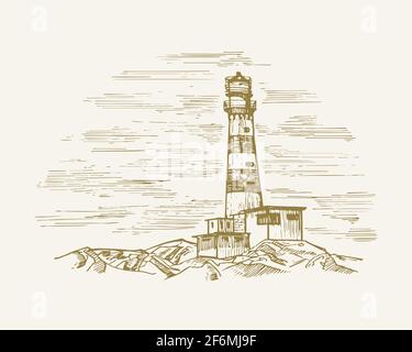 Disegno a mano Mare edificio Paesaggio Vector Illustrazione. Schizzo del faro. Village Light House Doodle. Isolato Illustrazione Vettoriale