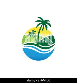 Spiaggia e fattoria disegno tropicale e agricolo logo vettore. Immagine vettoriale del concetto di design del logo Beach Farm Illustrazione Vettoriale