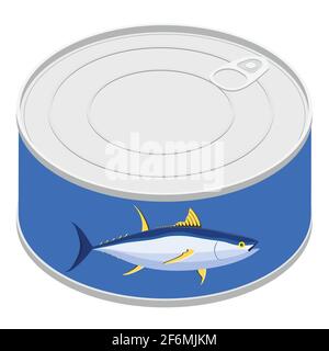 Illustrazione vettoriale icona del tonno in scatola. Lattetta di tonno con etichetta tonno pesce. Illustrazione Vettoriale
