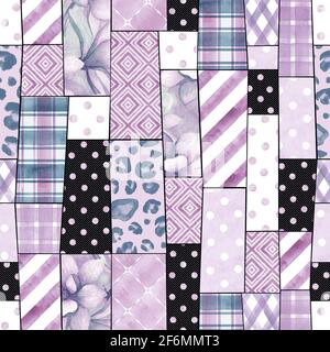 Imitazione trendy cucito pezzi di tessuto in stile patchwork. Motivo senza giunture disegnato a mano con acquerello. Texture collage con geometric, floreale, leopardo pr Foto Stock