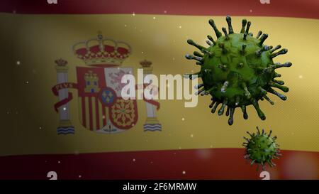 Bandiera spagnola e Coronavirus 2019 nCov Concept. Epidemia asiatica in Spagna, coronavirus influenza come casi pericolosi di ceppo influenzale come pandemia. M Foto Stock