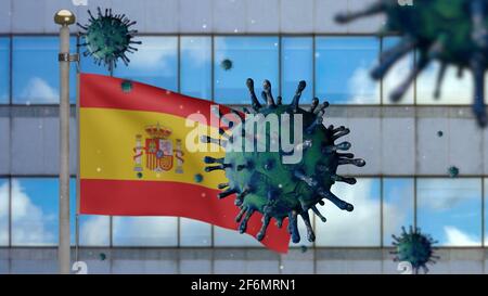 Illustrazione 3D bandiera spagnola che sventola sulla città moderna dei grattacieli con l'epidemia di Coronavirus che infetta l'influenza pericolosa del sistema respiratorio. Bel traino alto Foto Stock