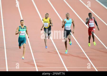 Wayde van Niekerk (RSA, oro), Steven Gardiner (BAH, argento), Abdalelah Haroun (QAT, bronzo). 400 metri uomini, finale. Londra 2019 Foto Stock