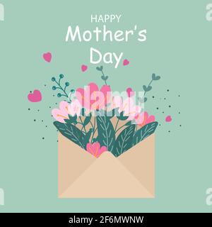 Buon giorno della Madre. Bouquet di fiori primaverili all'interno della busta. Biglietto d'auguri vettoriale trendy disegnato a mano. Illustrazione Vettoriale