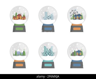 Insieme di globi di neve di vetro con paesaggio della città, villaggi, foresta, edifici vettoriali illustrazione piatta. Sfere di vetro con fiocchi di neve, souvenir dai viaggi, decorazioni per la casa, concetto di giocattoli. Illustrazione Vettoriale