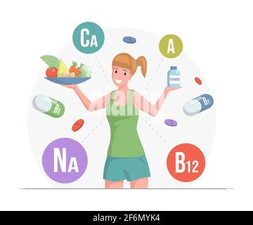 Donna in abiti sportivi che tengono piatto con frutta e verdura e bottiglia con vitamine vettore piatto cartoon illustrazione. Pasto sano ed equilibrato pieno di nutrizione. Concetto di integratori alimentari. Illustrazione Vettoriale