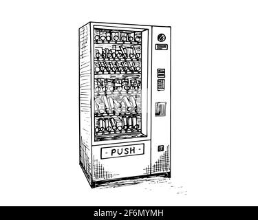 Distributore automatico con bottiglie e lattine di bevande disegno a mano. Vendita automatica di snack e bevande macchinari vista isometrica. Illustrazione eps isolato vettoriale in bianco e nero Illustrazione Vettoriale