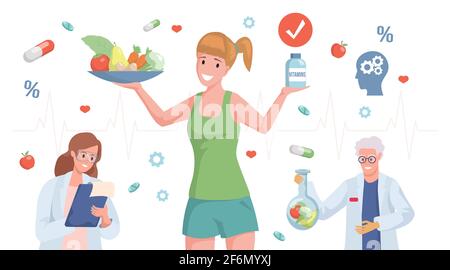 Donna sorridente felice in abiti sportivi che tengono piatto con frutta e verdura e bottiglia con vitamine vettore piatto cartoon illustrazione. Alimentazione sana ed equilibrata, concetto di integratori alimentari. Illustrazione Vettoriale