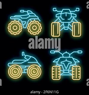 Set di icone per quad bike. Contorno insieme di icone vettoriali quad bike colore neon su nero Illustrazione Vettoriale