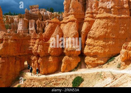 I turisti camminano tra le formazioni rocciose di Hoodoo lungo l'escursione Navajo Loop, il Bryce Canyon National Park, Utah, Stati Uniti d'America (USA). Foto Stock