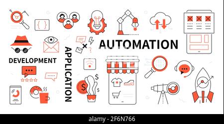 Sviluppo, applicazione, automazione - icone di stile di disegno di linea. Programmazione, tecnologie moderne e servizi online idea. Immagini di un telescopio, roccia Illustrazione Vettoriale