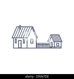 Icona linea Cottage - casa di villaggio o cabina di legno in stile lineare su sfondo bianco. Illustrazione vettoriale Illustrazione Vettoriale