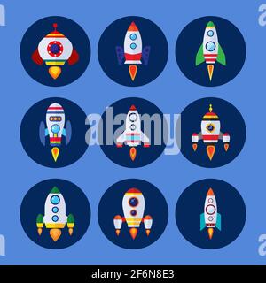 Le icone vettoriali dei razzi spaziali sono impostate in stile piatto. Illustrazione Vettoriale