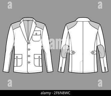 Giacca da tiro caccia illustrazione tecnica moda con colletto dentellato, tasche a patta, rivestimento, spalla a gomito Patch. Mascherina piatta anteriore, posteriore, colore bianco, grigio. Donne, unisex Blazer CAD mockup Illustrazione Vettoriale