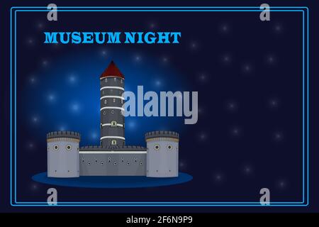 Notte del museo. Antico castello al cielo stellato. Poster o banner per eventi culturali. Evento pubblico culturale durante la notte. Giornata Internazionale del Museo. Vettore Illustrazione Vettoriale