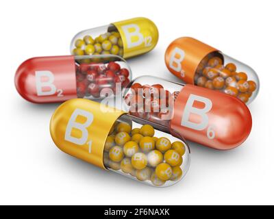 Chiudere le capsule riempite con vitamine B. Rendering 3D. Foto Stock