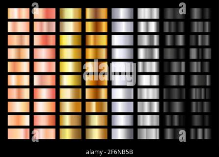 Set di sfondo tonalità oro rosa, argento, nero e oro. Gradienti vettoriali metallici. Collezione grande sfumatura elegante e brillante. Illustrazione Vettoriale