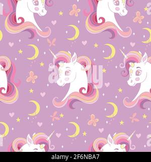 Modello senza cuciture con teste di unicorno, farfalle e luna su sfondo rosa. Illustrazione vettoriale per partito, stampa, acquazzone del bambino, carta da parati, disegno, Illustrazione Vettoriale