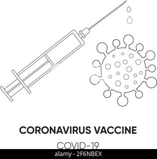 Siringa con l'icona del simbolo del vaccino e del coronavirus. Illustrazione vettoriale. Concetto di protezione antivirus. Malattia di SARS, icona della linea di vaccinazione Covid-19 Illustrazione Vettoriale