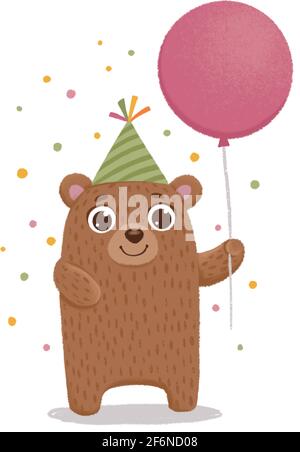 Carino orsacchiotto con cappuccio da festa e palloncino di compleanno. Divertente cucciolo animale in stile scandinavo che celebra il compleanno. Cartoni animati vettoriali piatti Illustrazione Vettoriale