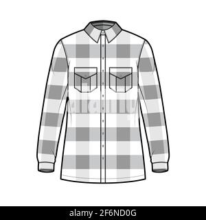 Giacca in legno illustrazione tecnica di moda con motivo Buffalo Check, corpo oversize, chiusura a bottoni, colletto classico, maniche lunghe. Parte anteriore dell'abbigliamento piatto, colore bianco. Donne, uomini unisex CAD mockup Illustrazione Vettoriale