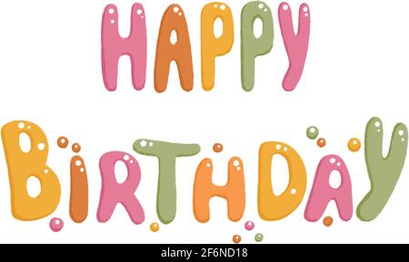 Modello biglietto di auguri con iscrizione felice compleanno e pila di scatole regalo avvolte in carta colorata e decorate con nastri e archi Illustrazione Vettoriale