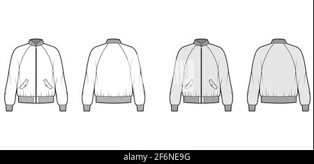 Zip-up Bomber ma-1 giacca di volo illustrazione tecnica di moda con collare da baseball Rib, maniche raglan, tasche con patta. Dima per cappotto piatto anteriore, posteriore di colore grigio bianco. Donna uomo unisex top CAD mockup Illustrazione Vettoriale