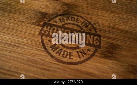 Realizzato in stampatello di Hong Kong stampato su scatola di legno. Concetto di fabbrica, produzione e paese di produzione. Foto Stock