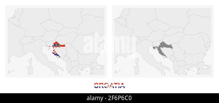 Due versioni della mappa della Croazia, con la bandiera della Croazia e evidenziata in grigio scuro. Mappa vettoriale. Illustrazione Vettoriale