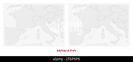 Due versioni della mappa di Monaco, con la bandiera di Monaco ed evidenziata in grigio scuro. Mappa vettoriale. Illustrazione Vettoriale